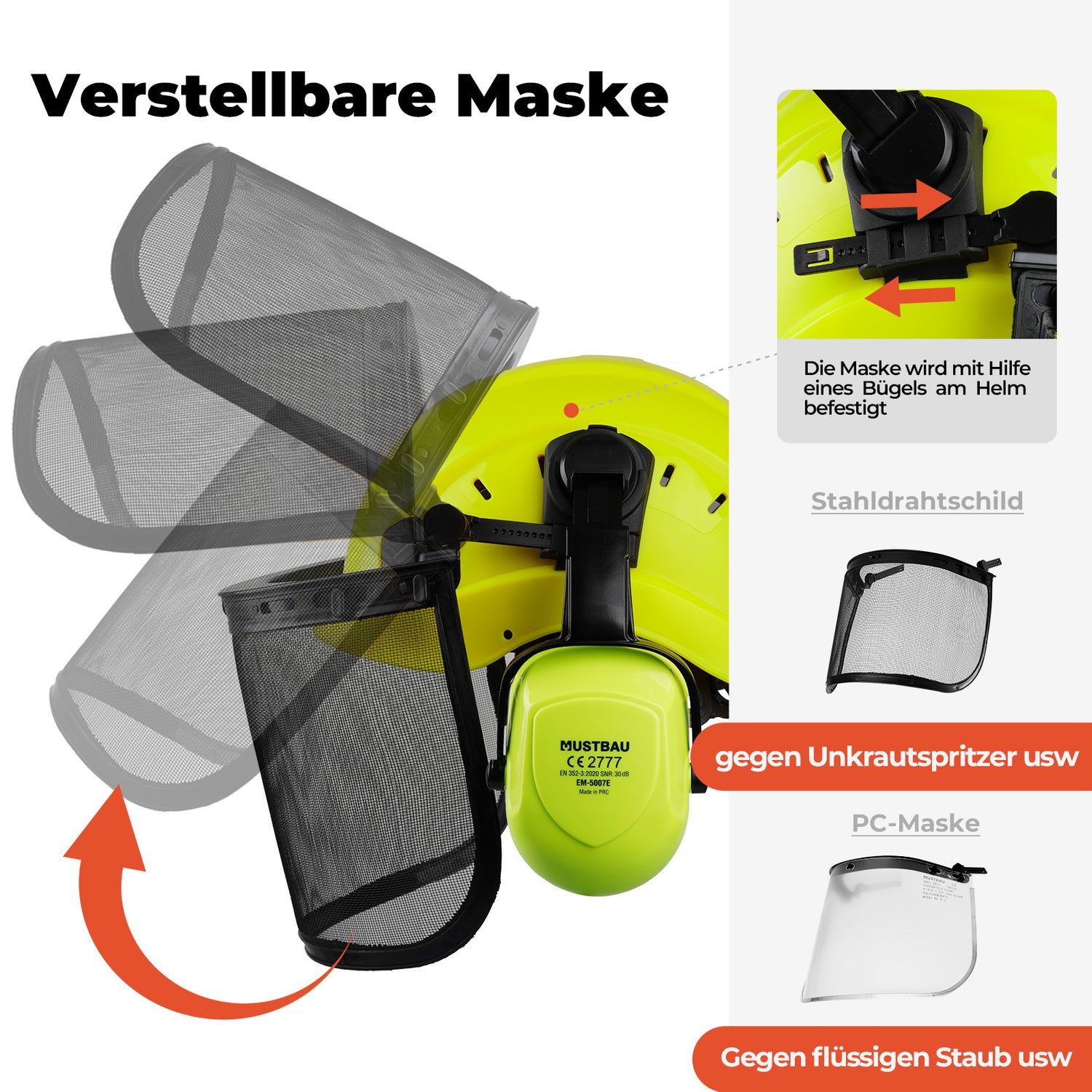 Mustbau Motorsägen-Sicherheitshelm, Schutzhelm mit Geräuschdämpfungsmuscheln und Netzvisier, verstellbar,Grün