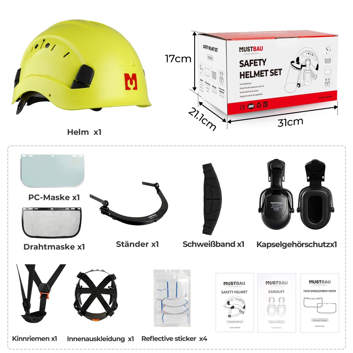 Mustbau Motorsägen-Sicherheitshelm, Schutzhelm mit Geräuschdämpfungsmuscheln und Netzvisier, verstellbar,Grün