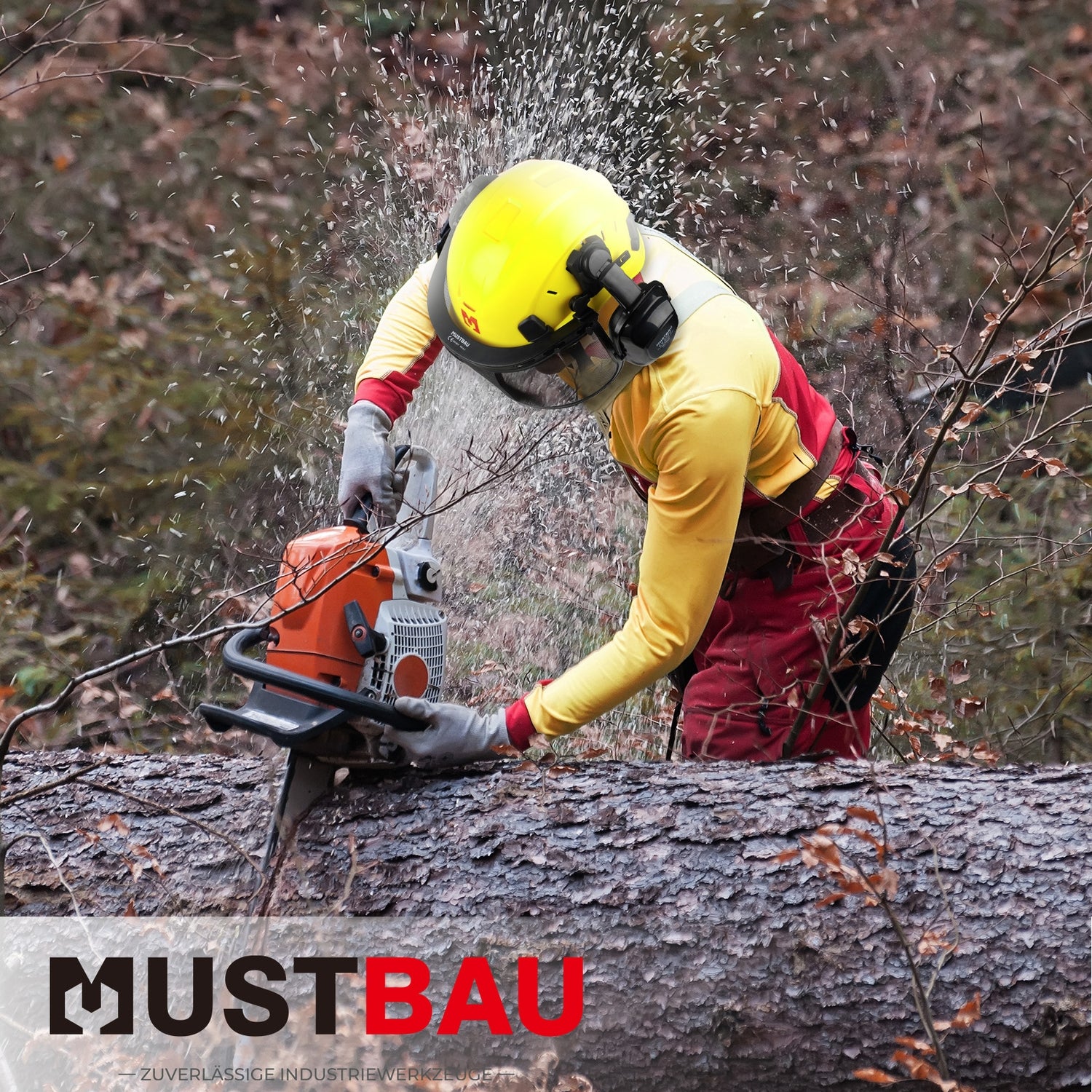 Mustbau Motorsägen-Sicherheitshelm, Schutzhelm mit Geräuschdämpfungsmuscheln und Netzvisier, verstellbar,Grün