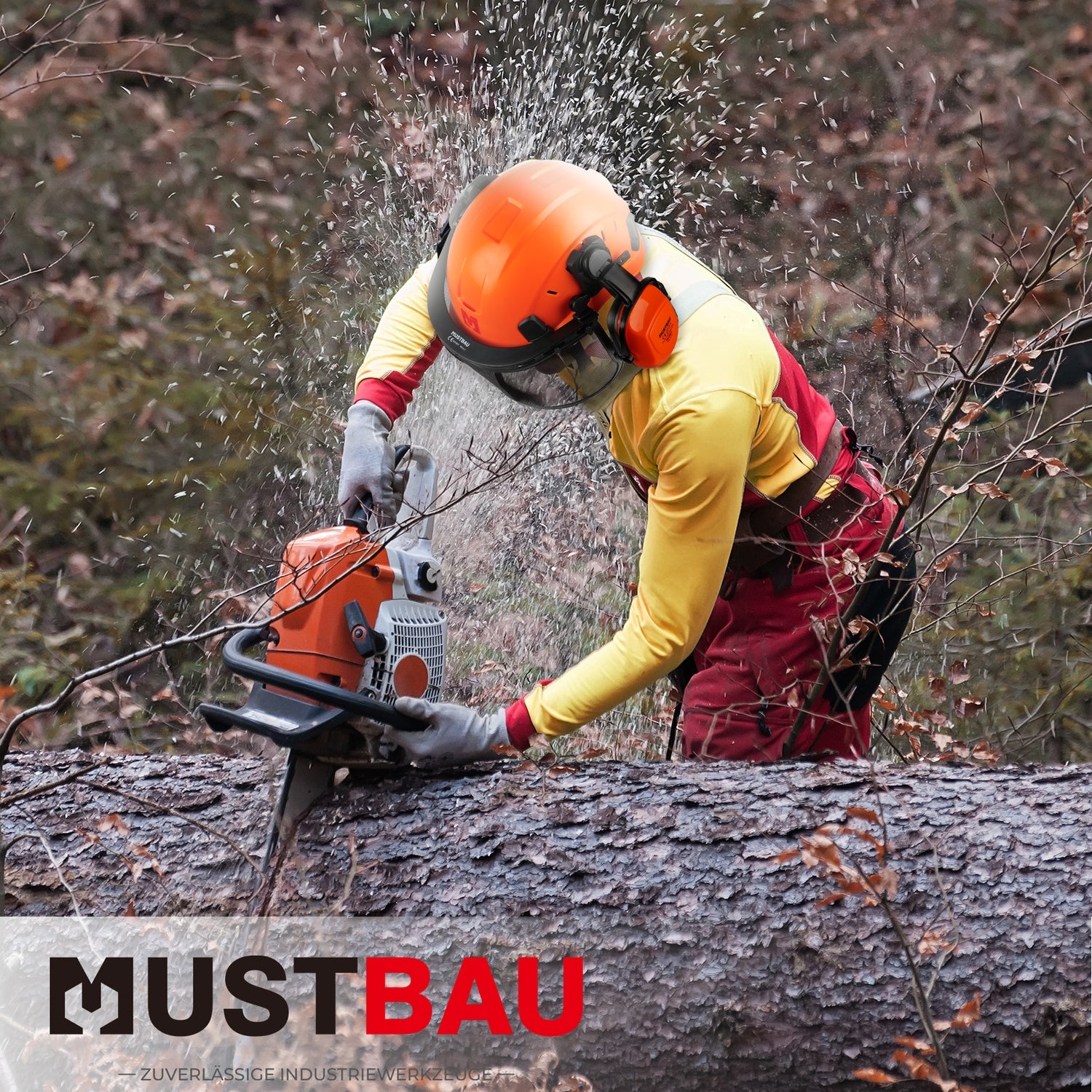 Mustbau Motorsägen-Sicherheitshelm, Schutzhelm mit Geräuschdämpfungsmuscheln und Netzvisier, verstellbar,Orange