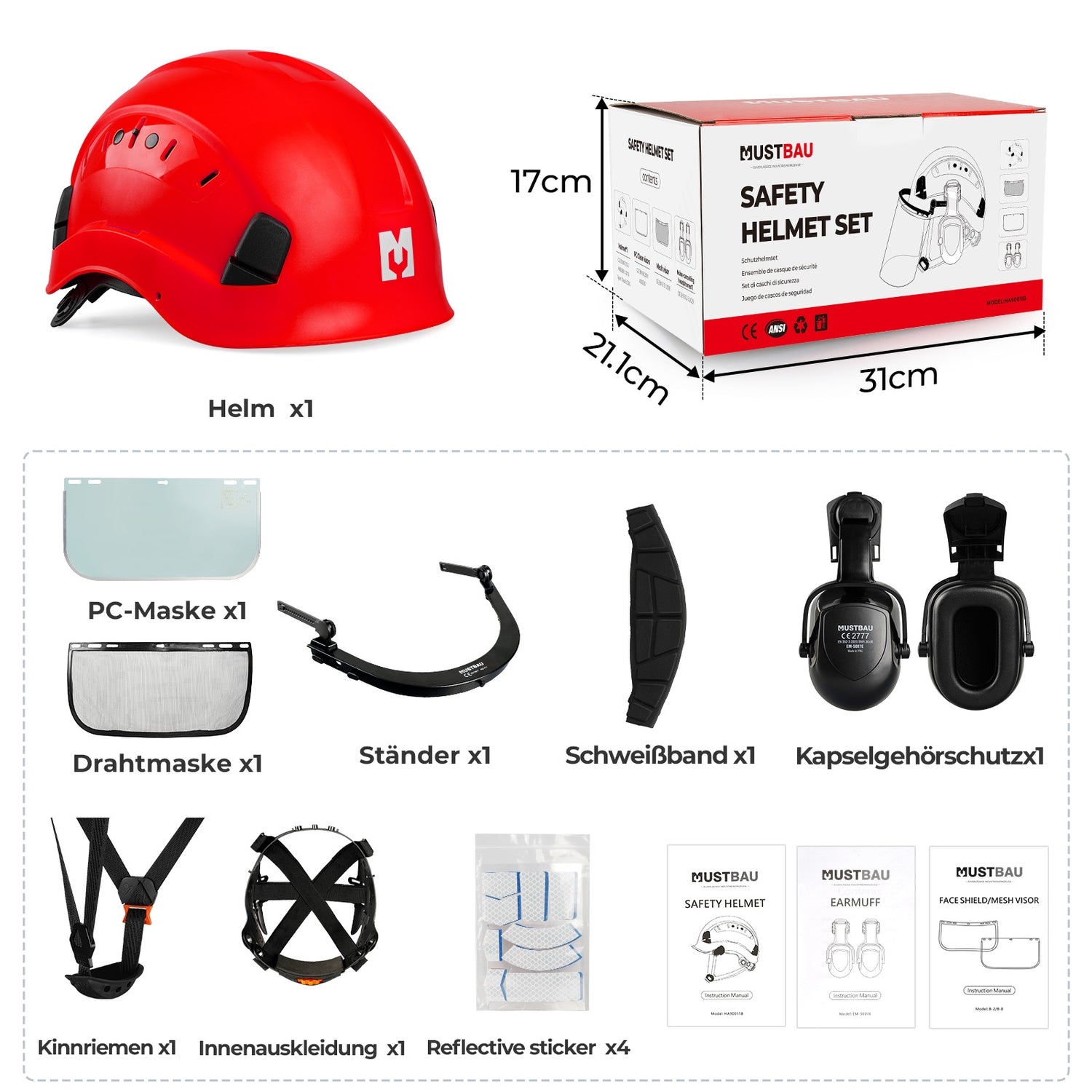 Mustbau Motorsägen-Sicherheitshelm, Schutzhelm mit Geräuschdämpfungsmuscheln und Netzvisier, verstellbar,Rot