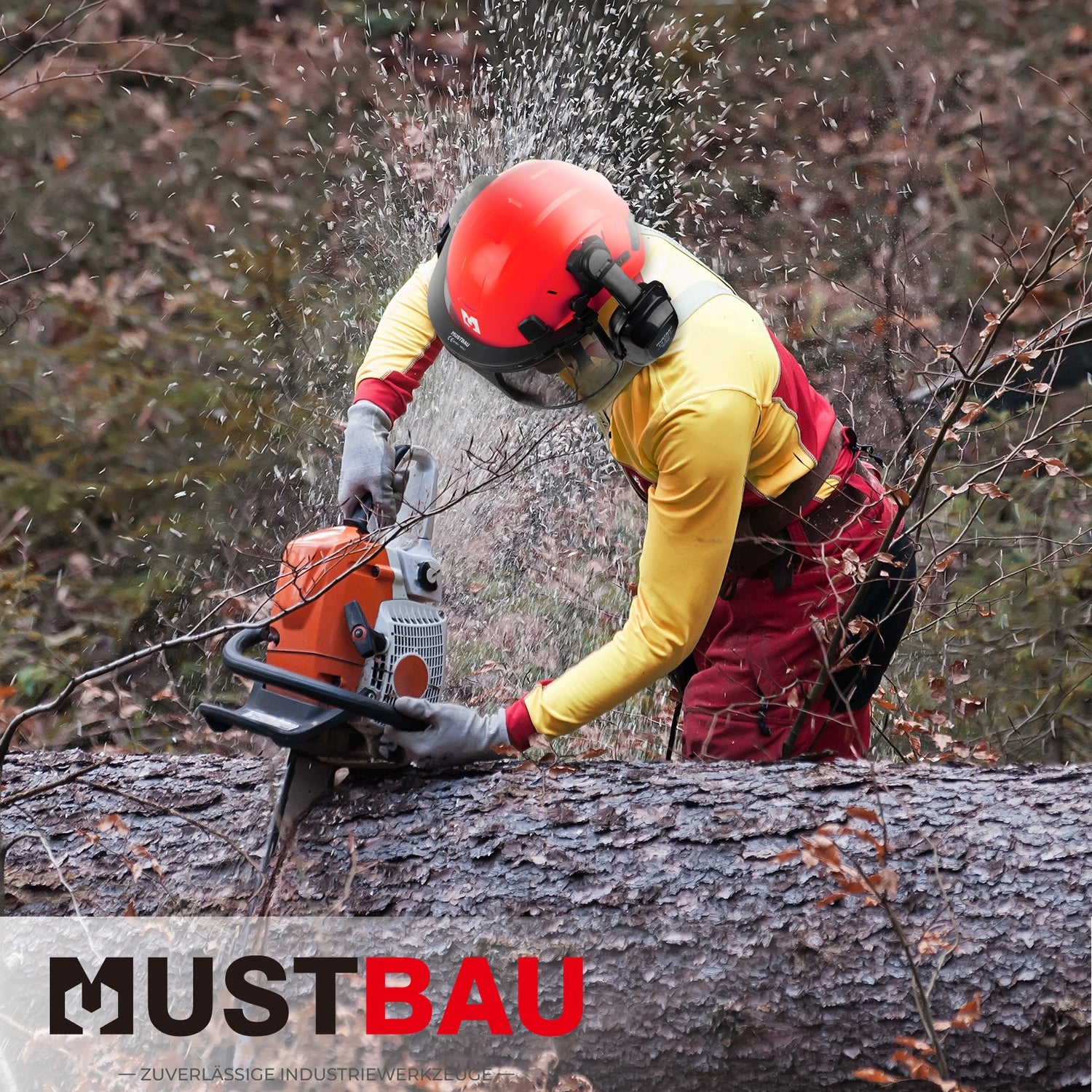 Mustbau Motorsägen-Sicherheitshelm, Schutzhelm mit Geräuschdämpfungsmuscheln und Netzvisier, verstellbar,Rot