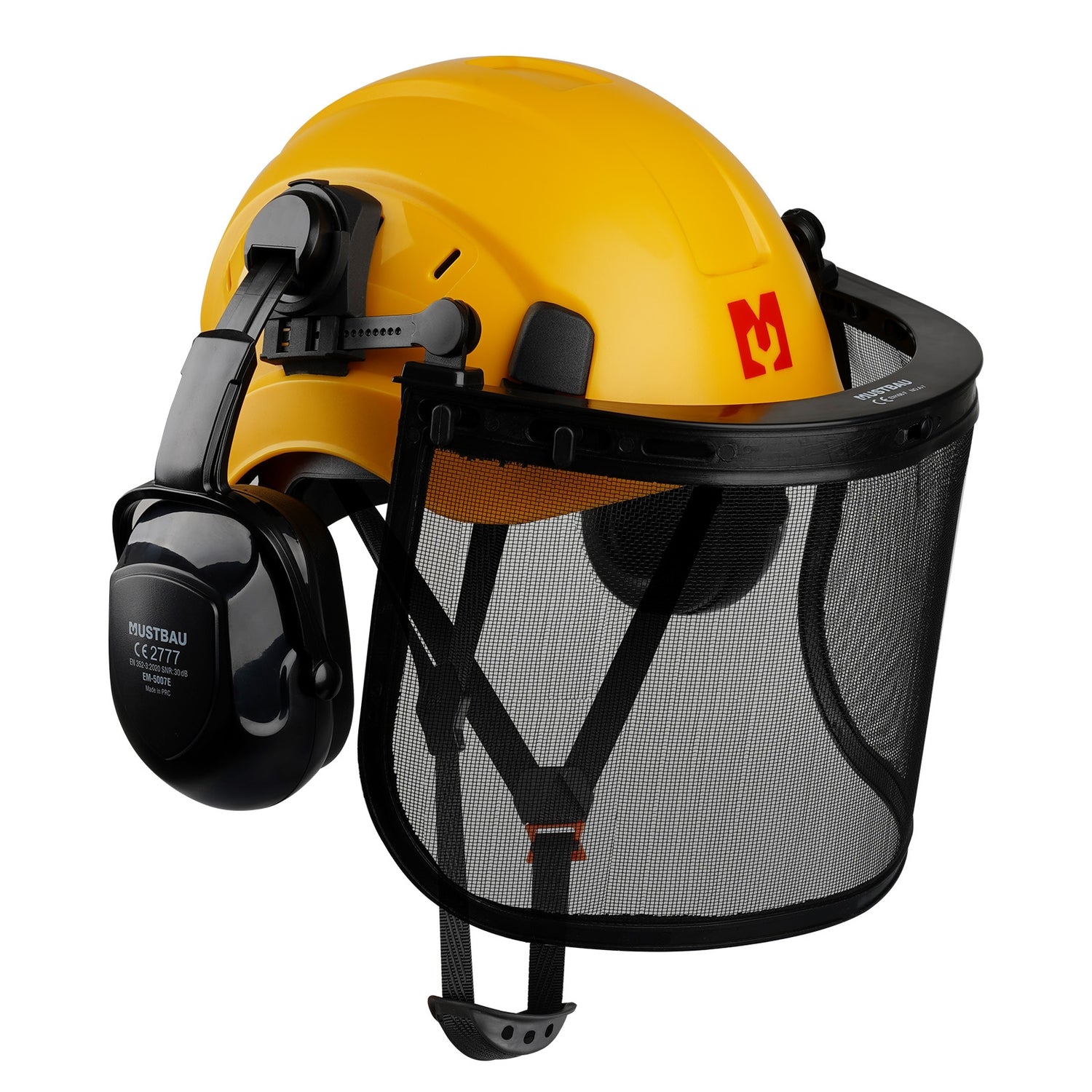 Mustbau Motorsägen-Sicherheitshelm, Schutzhelm mit Geräuschdämpfungsmuscheln und Netzvisier, verstellbar,Gelb