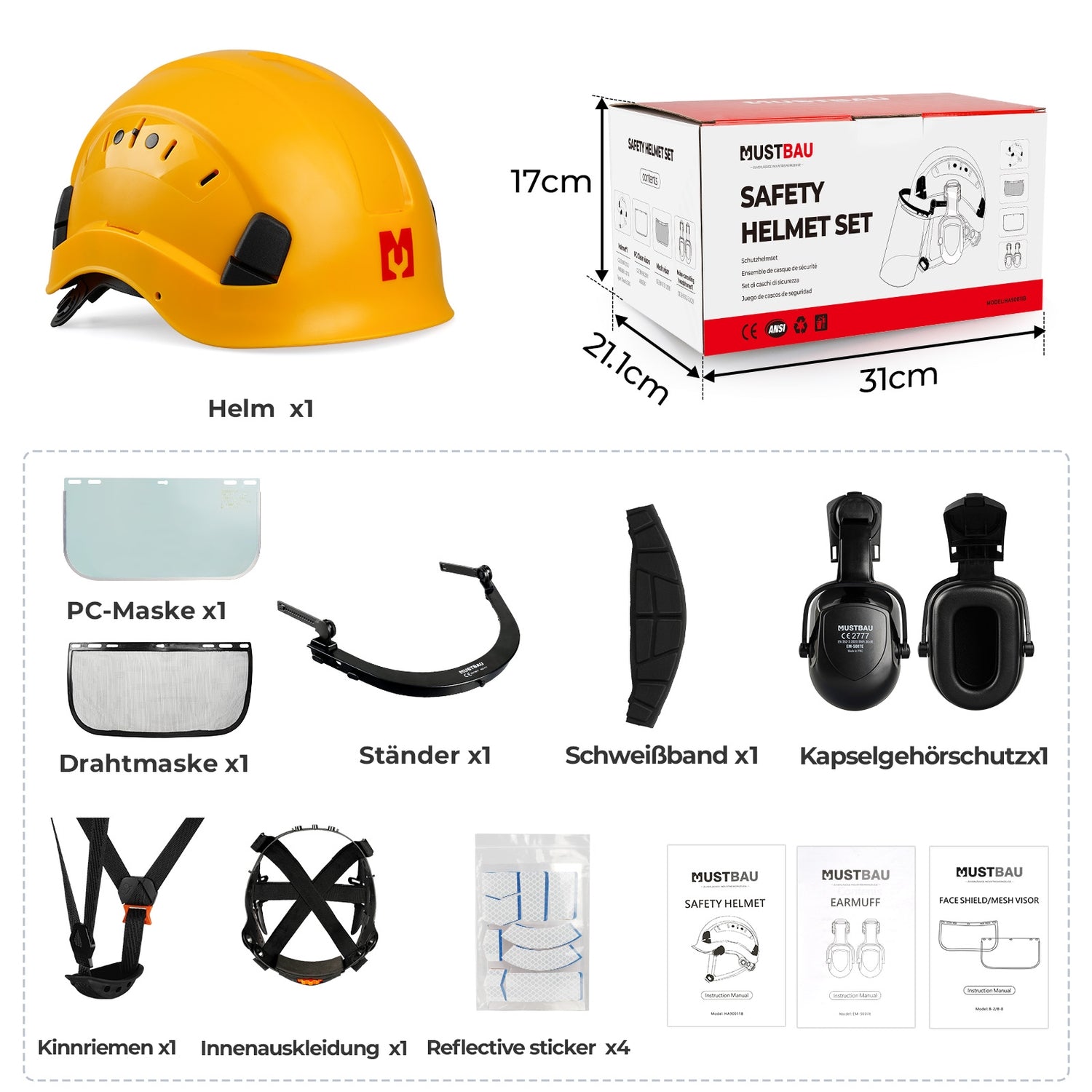 Mustbau Motorsägen-Sicherheitshelm, Schutzhelm mit Geräuschdämpfungsmuscheln und Netzvisier, verstellbar,Gelb