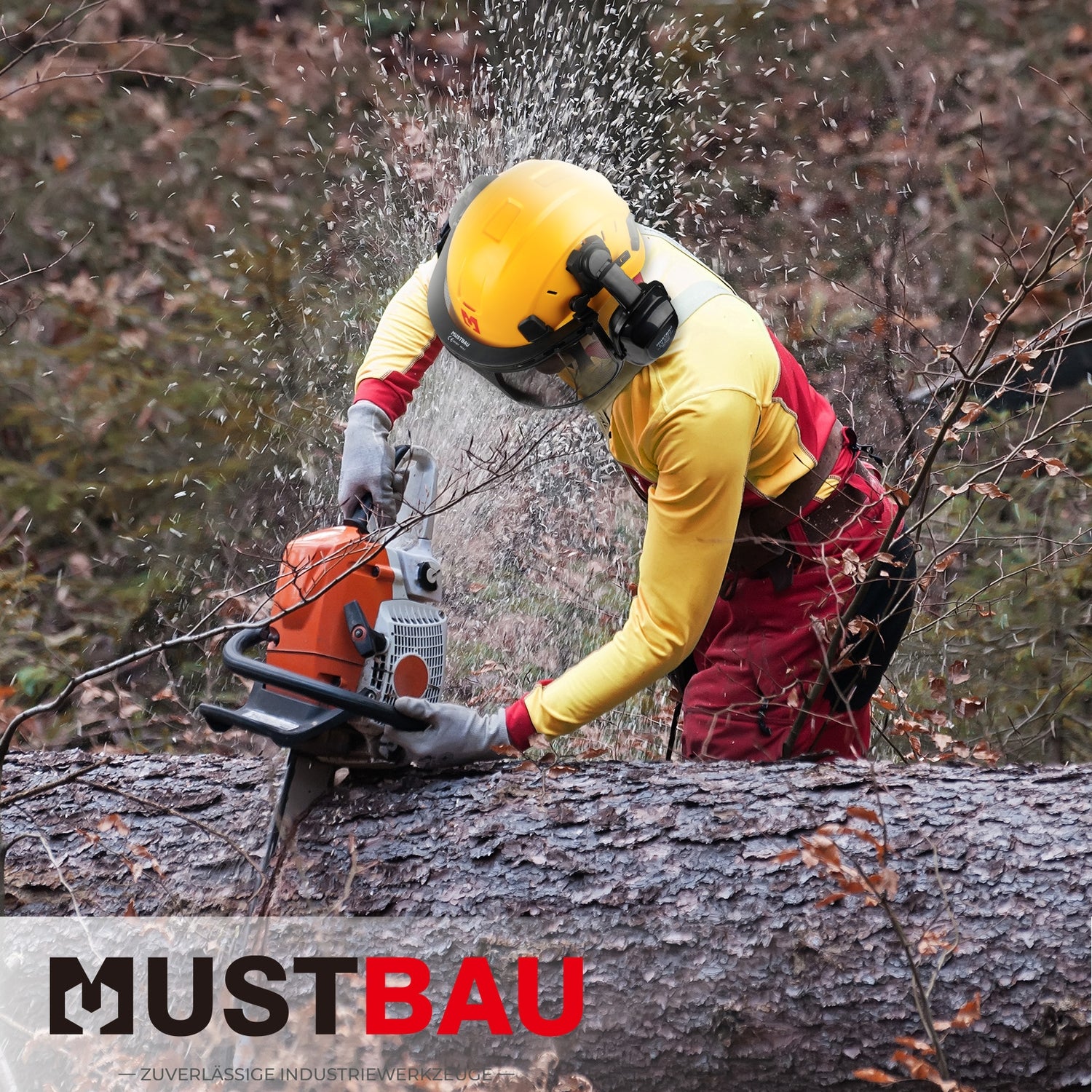 Mustbau Motorsägen-Sicherheitshelm, Schutzhelm mit Geräuschdämpfungsmuscheln und Netzvisier, verstellbar,Gelb