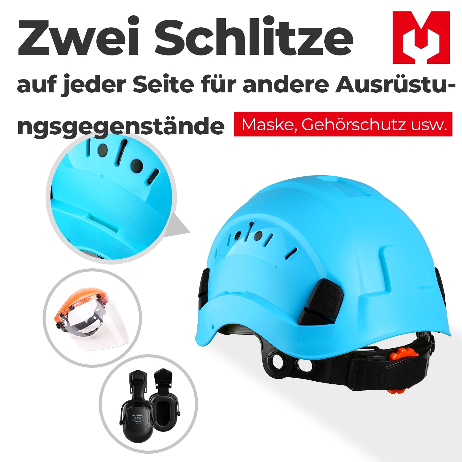 Mustbau Sicherheitshelm, EN397 Schutzhelme mit Antibeschlag-Brille, verstellbar, Blau