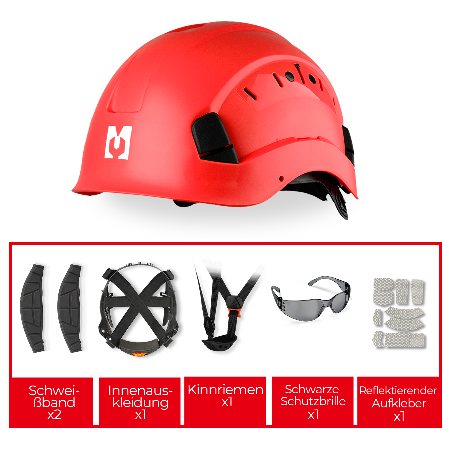 Mustbau Sicherheitshelm, EN397 Schutzhelme mit Antibeschlag-Brille, verstellbar, Rot