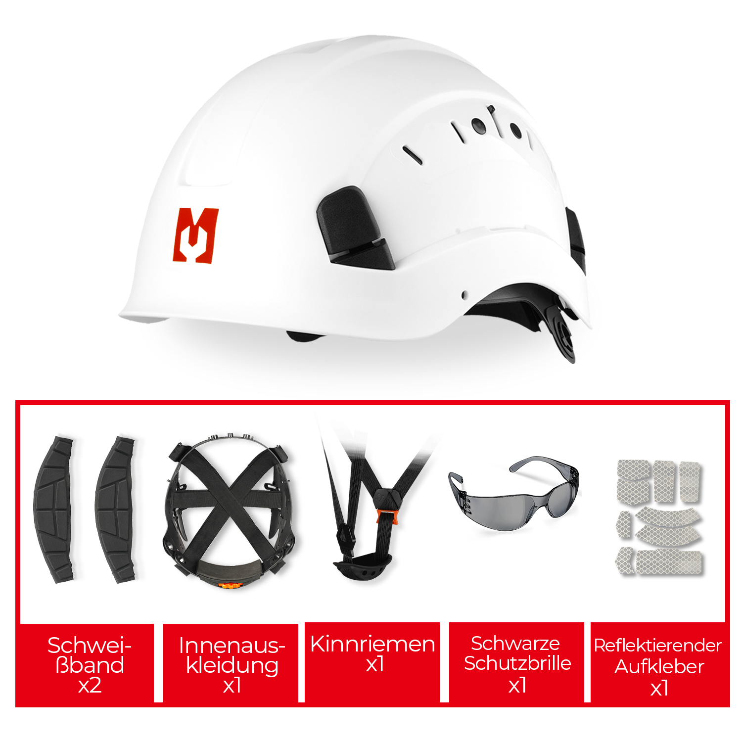 Mustbau Sicherheitshelm, EN397 Schutzhelme mit Antibeschlag-Brille, verstellbar, Weiß