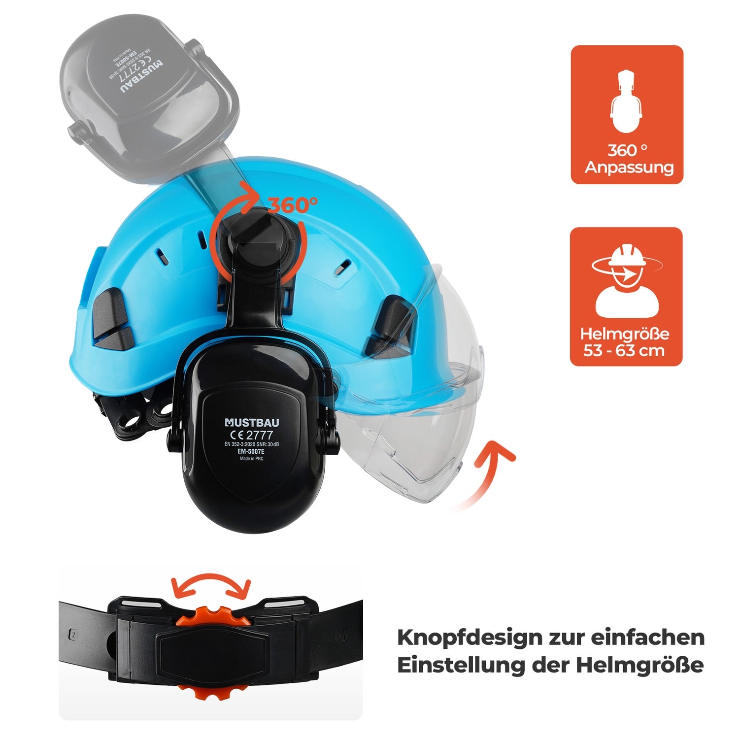 Mustbau Sicherheitshelm-Set, EN397 Schutzhelm mit Ohr- und Gesichtsschutz, verstellbarer, Blau