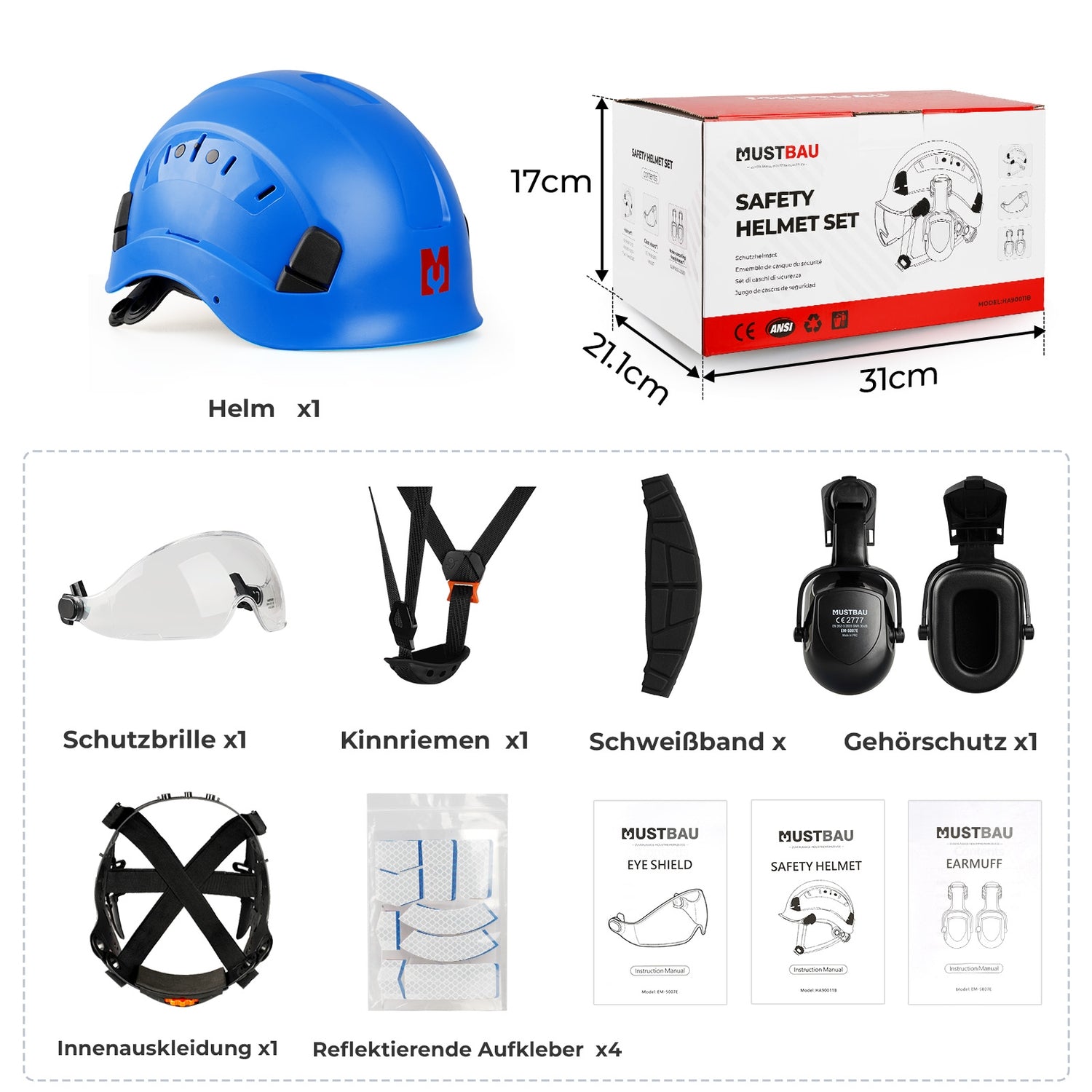 Mustbau Sicherheitshelm-Set, EN397 Schutzhelm mit Ohr- und Gesichtsschutz, verstellbarer, Dunkelblau