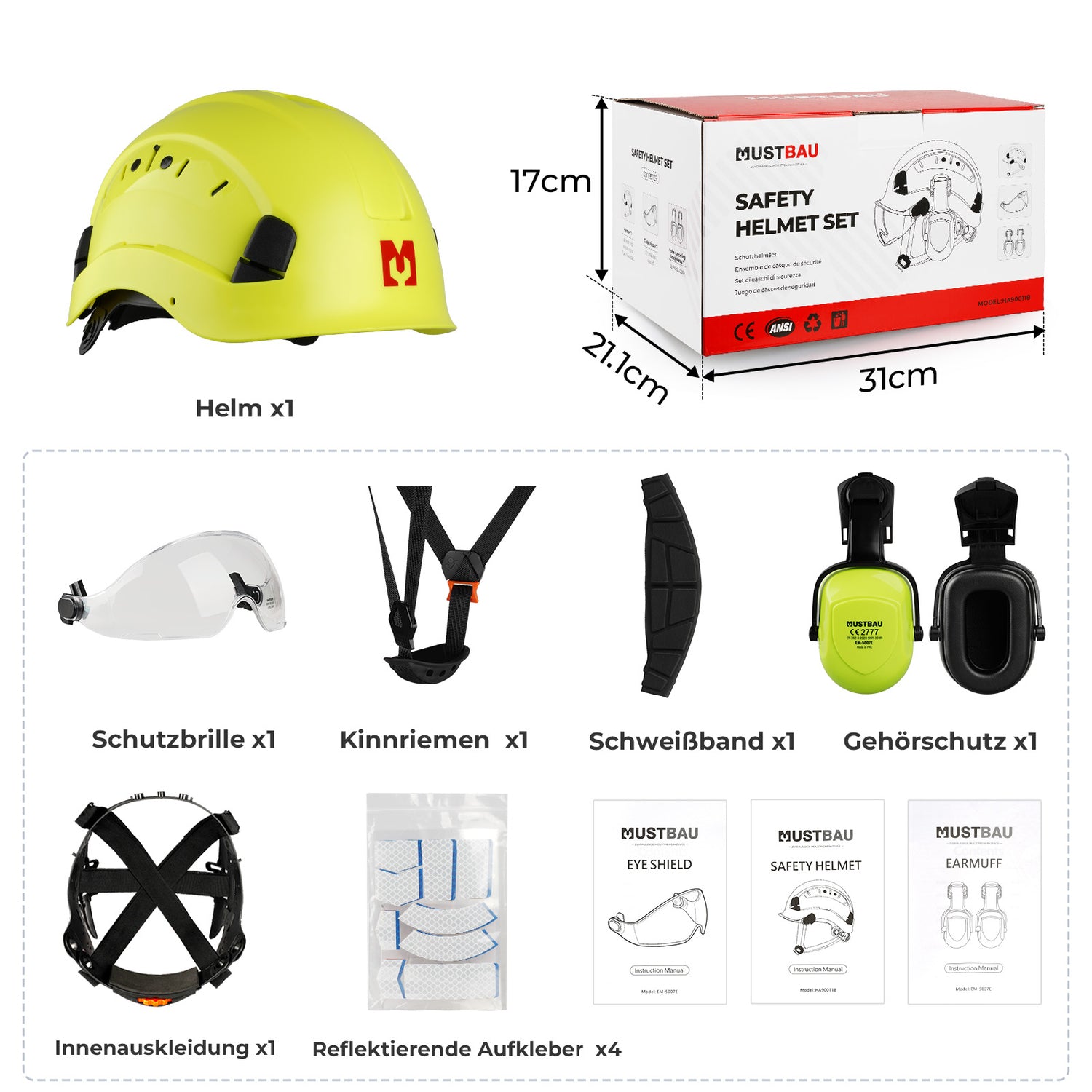 Mustbau Sicherheitshelm-Set, EN397 Schutzhelm mit Ohr- und Gesichtsschutz, verstellbarer, Grün
