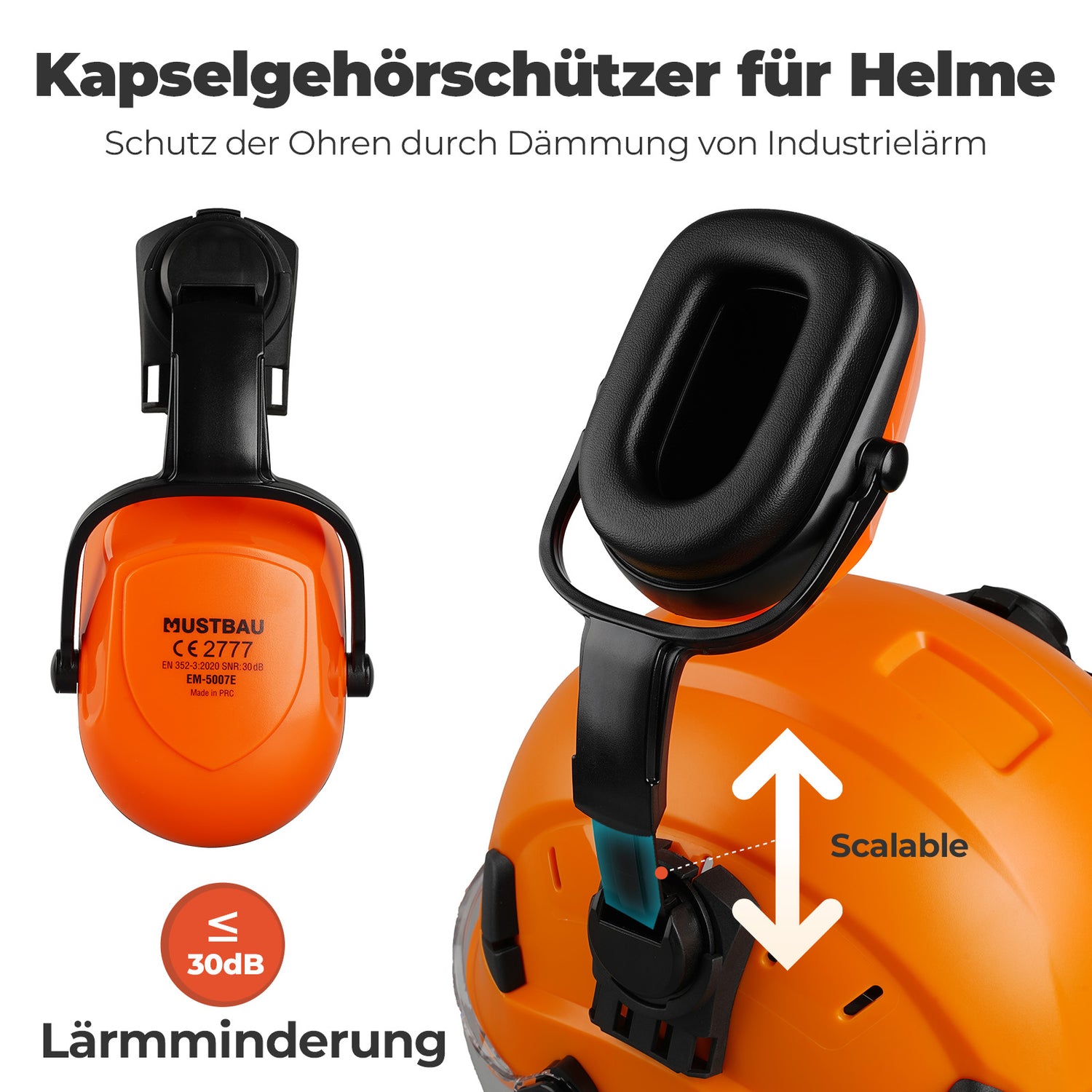 Mustbau Sicherheitshelm-Set, EN397 Schutzhelm mit Ohr- und Gesichtsschutz, verstellbarer, Orange