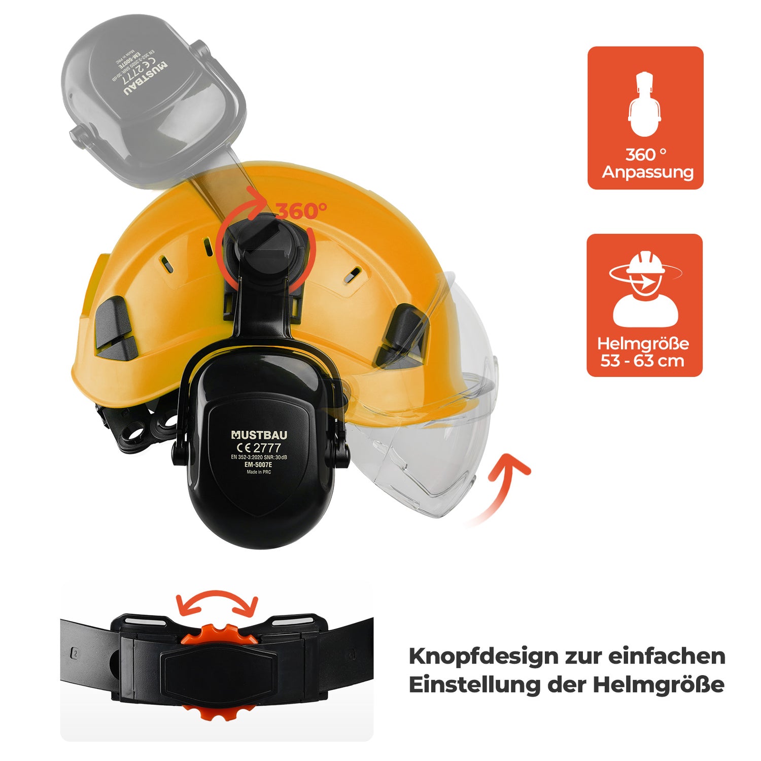 Mustbau Sicherheitshelm-Set, EN397 Schutzhelm mit Ohr- und Gesichtsschutz, verstellbarer, Gelb