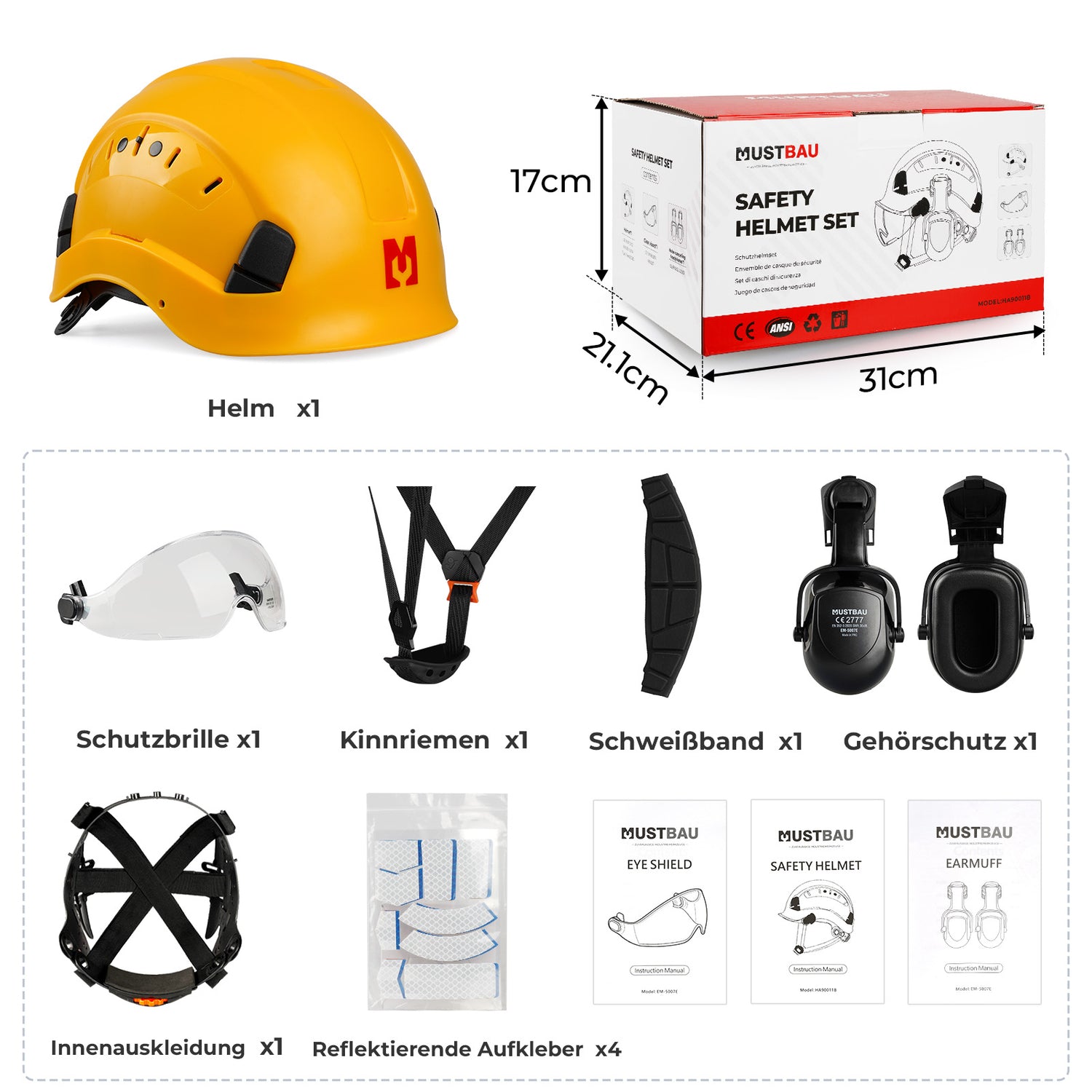 Mustbau Sicherheitshelm-Set, EN397 Schutzhelm mit Ohr- und Gesichtsschutz, verstellbarer, Gelb