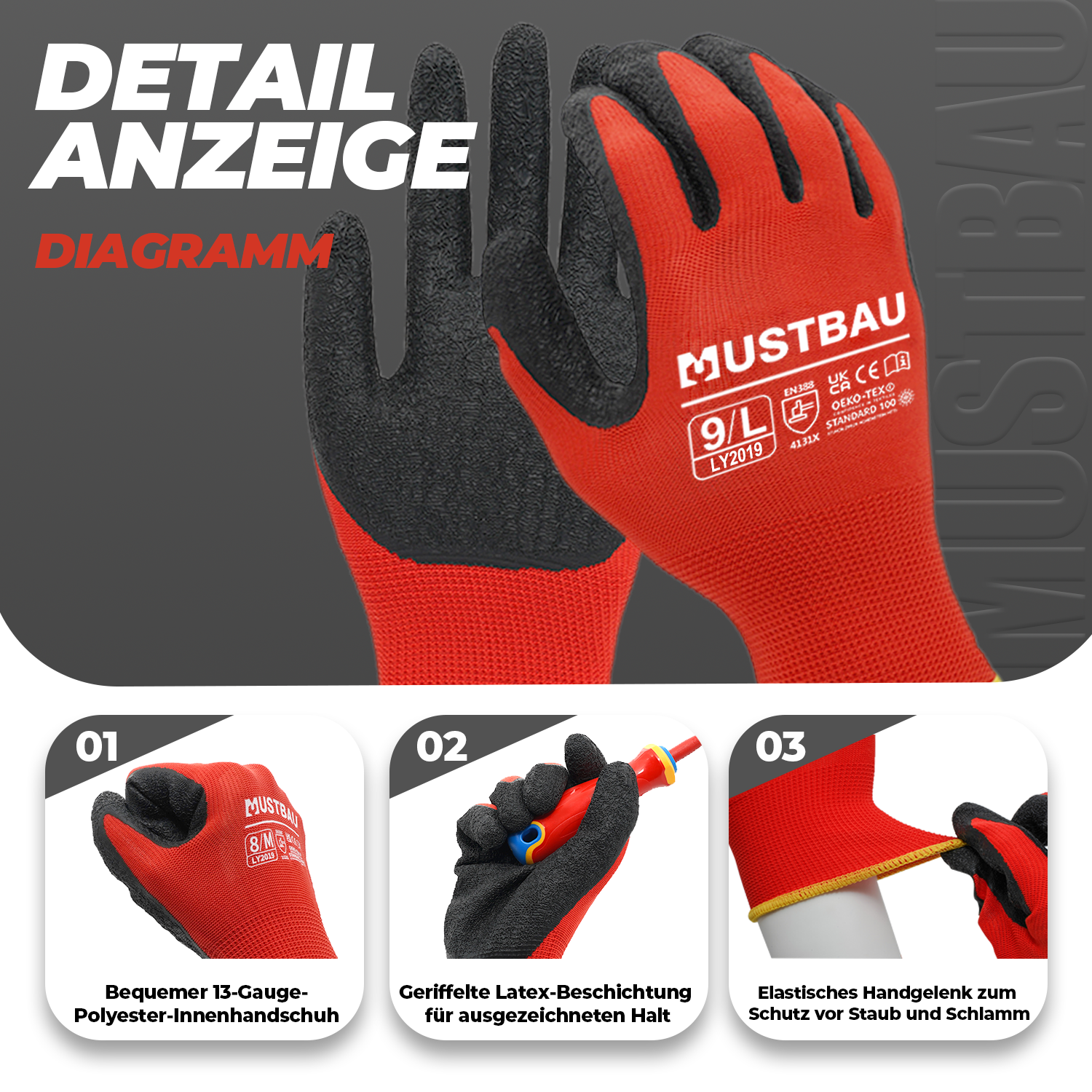 handschuhe baustelle Mustbau Arbeitshandschuhe 12/6/3 Pack,EN388 Late und Polyester beschic