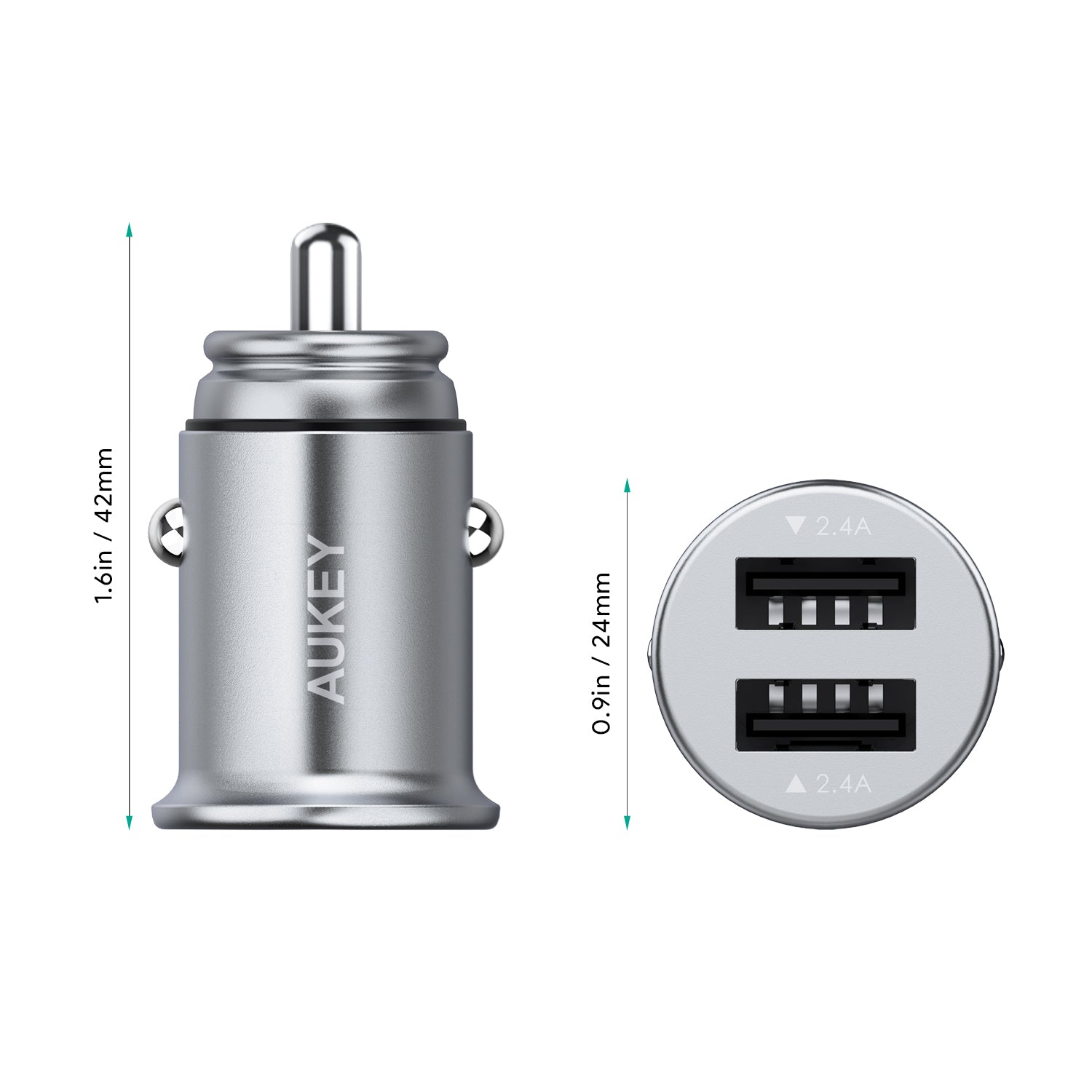 AUKEY CC-S2, Flush Fit Autoladegerät mit Aluminiumschale und 4.8A Dual-Port USB Ausgang für iPhone X / 8 Plus, iPad Pro / Air 2 / mini 4, und Samsung Galaxy Note8 / S8+