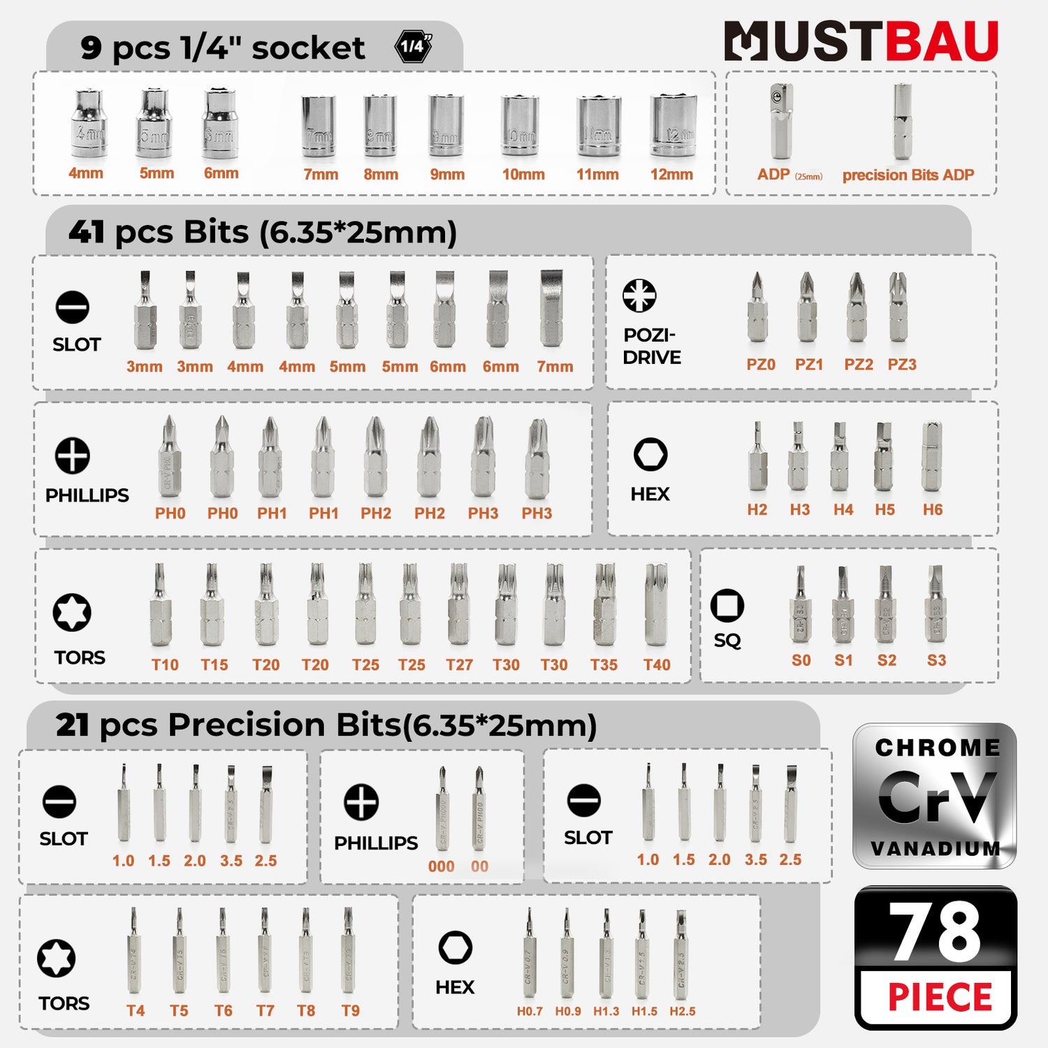 MUSTBAU 78-teilige Ratschenschraubendreher-Set, aus Stahl, für PCs, Computer, Laptops, Tablets, Kameras, Uhren