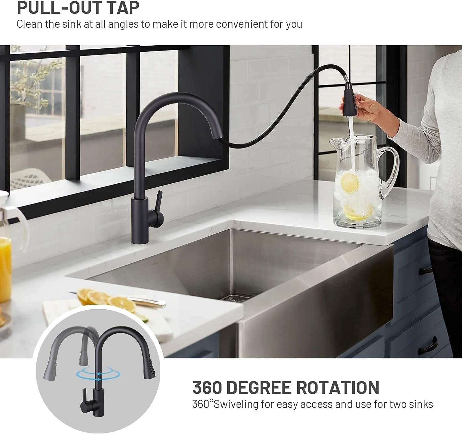 Küchenarmatur mit ausziehbarer Handbrause, 360° drehbar schwarz Tacklife