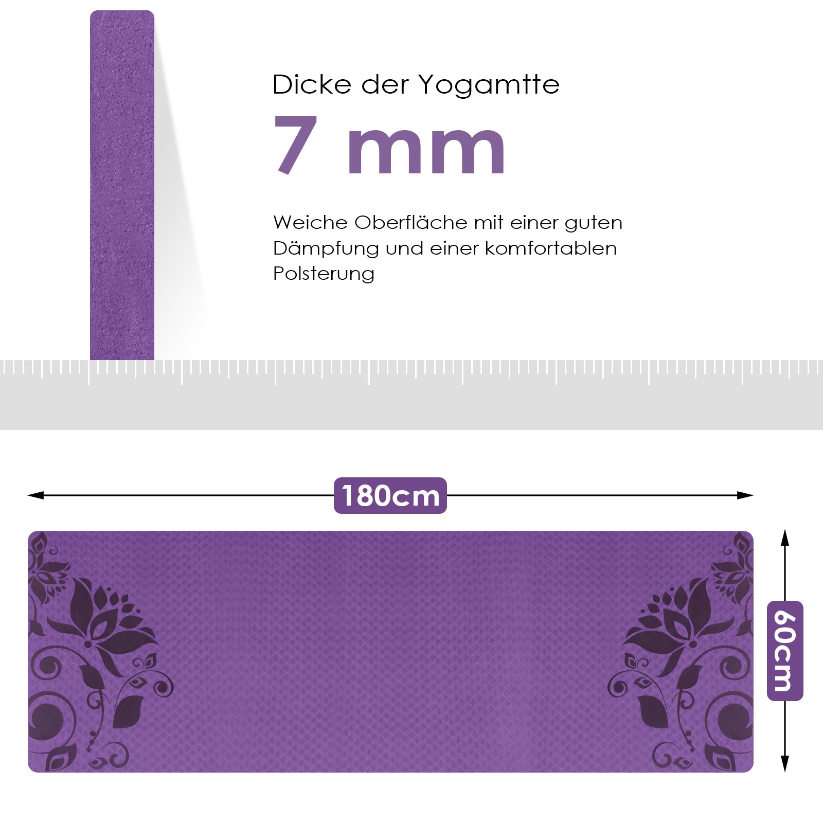 INTEY Yogamatte TPE rutschfest mit Muster 180 x 60 x 0.7cm lila